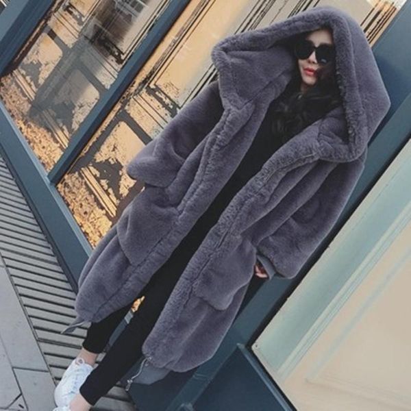 

women's fur & faux long winter coat women with hood sleeve plus size warm fluffy furry jacket overcoat, Black