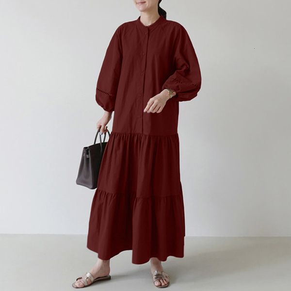 

dresses 2021 spring women ruffles dress fashion puff sleeve maxi vestidos female casual solid o-neck long sundress plus size 7, Black;gray