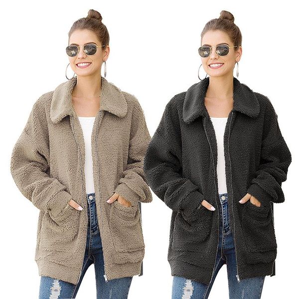 

women's coat casual lapel loose thick woolen zipper coats warm winter oversized outwear jackets women fashion down & parkas, Black