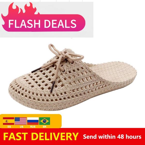 

slippers summer shoes 2021 closed toe soft flip flops women hollow out lace up pvc outdoor beach slides sandals dropship, Black