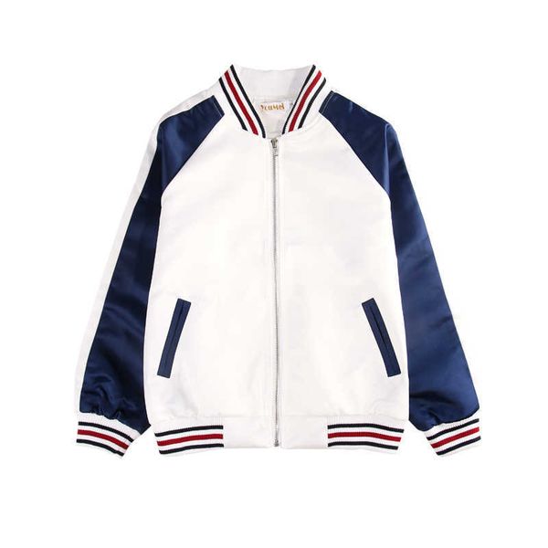 Talvez u Mulheres Outwear Bomber Jacket Zipper Bolso Esporte Side-listra Branco azul C0002 210529