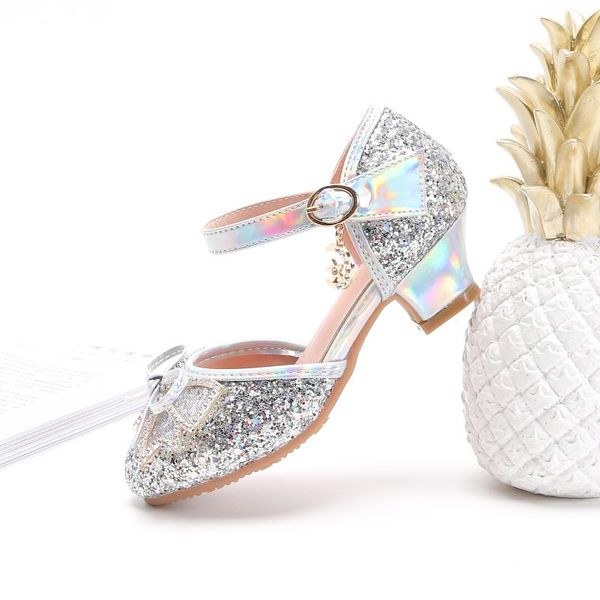 

sandals 2021 fashion children party shoes kids summer glitter sequins round toe bow princess high heel girls, Black;red