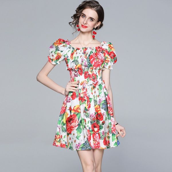 

llzacoosh summer elegant off shoulder puff sleeve women beach boho petal buttons elastic waist floral print mini dress 210514, Black;gray