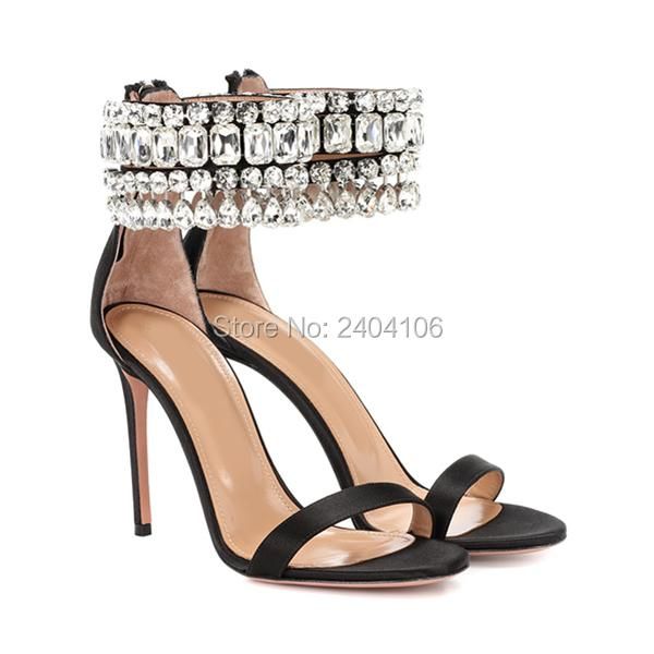 

shooegle brand fashion women sandalias bling shoes summer ankle strap crystal stiletto high heels black satin gem sandals dress