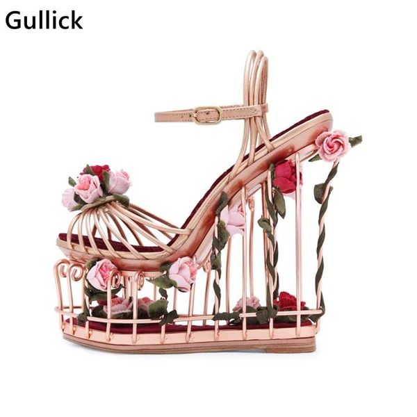 

dress shoes custome made retro caged style platform sandals metal striped ankle strap wedge sandal for woman cutouts heels flower, Black