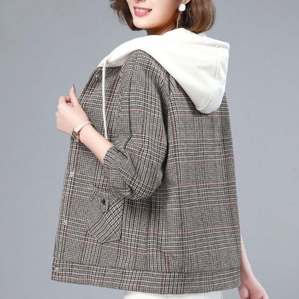 

1pcs women's plus size short jackets coats 2021 spring fashion cotton blend plaid splicing hooded loose work jacket woman, Black;brown