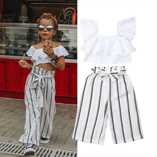 

children baby girl 2pcs v neck vest short sleeve tank striped pants clothing sets casual summer 2 7t, White
