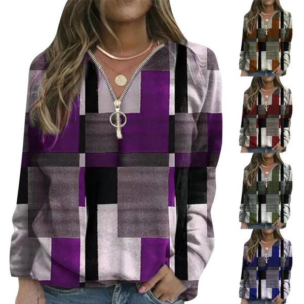 

women's blouses & shirts fashion printed warm sweatshirt autumn winter geometric print long sleeve zipper v-neck sweater ropa mujer, White