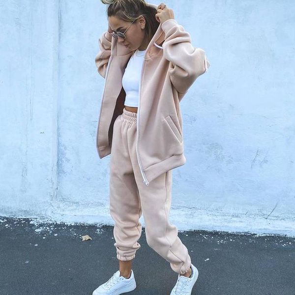 

women's two piece pants conkor fashion sport suits women elegant zipper cardigan hoodies suit casual elastic waist ladies, White