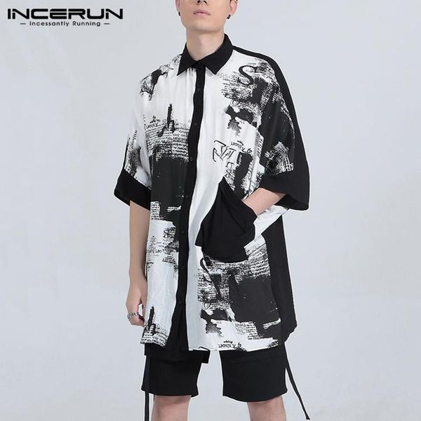 

men's casual shirts summer fashion men shirt printed streetwear loose 2021 half sleeve lapel blouse personality camisas incerun plus si, White;black