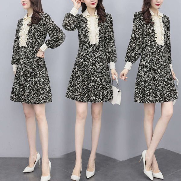 

2021 spring new korean fashion young style lantern sleeve ear print a-line floral stitching dress, Black;gray