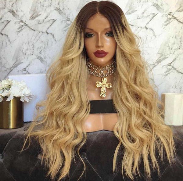 

2021 wig female brownish gold gradient long big wavy curly t-color dyed chemical fiber hair cap, Black