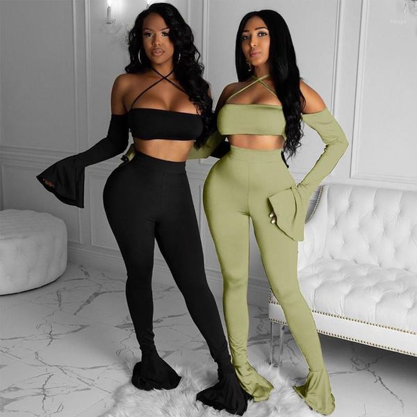 

women's tracksuits Â set off shoulder halter long flare sleeve t-shirt crop high waist flared pants bell bottoms1, Gray