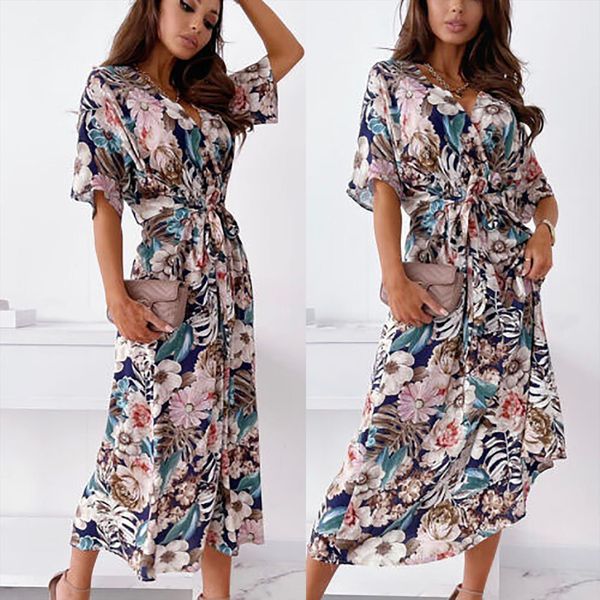 

summer fashion bohemian short sleeve womens dresses v neck floral loose ankle length with belt, Black;gray