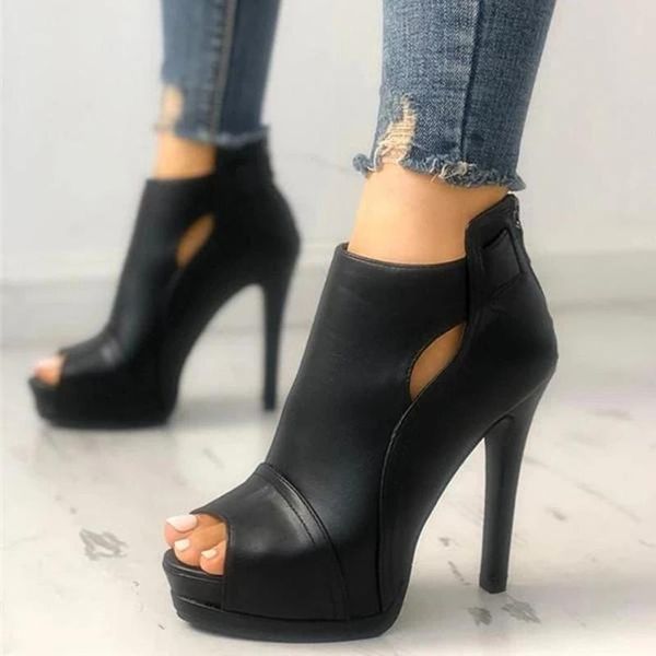 

boots women's fashion peep toe cutout thin heels sandals high open sandal, Black