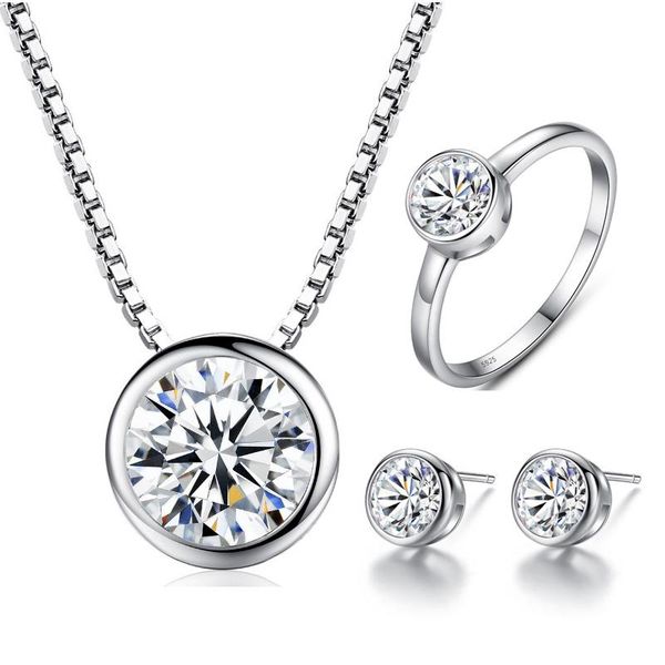 

bracelet, earrings & necklace [meibapj] 925 solid silver round zircon stone ring 3 pieces suit jewelry set for women fine wedding, Black