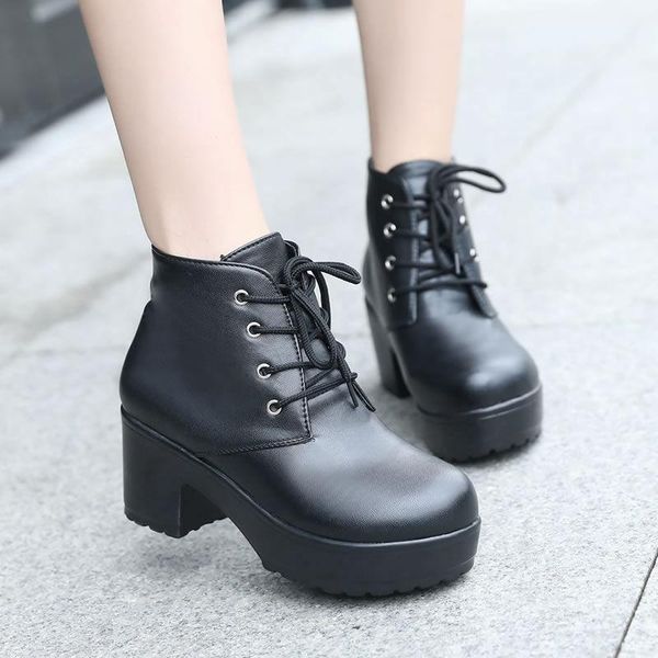 

women's boots lace-up waterproof platform thick heel thick-soled wild short spring and autumn, Black