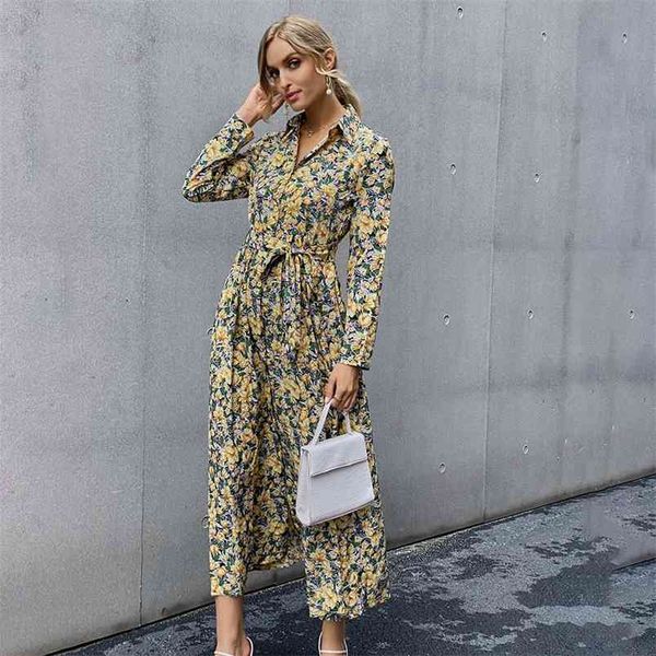 

spring women print retro temperament thin high waist chiffon long sleeve a-line shirt dress female robe 210517, Black;gray