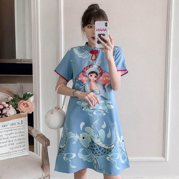 

ethnic clothing blue cotton cheongsam national style printing qipao dress sweet summer loose chinese traditional women vestidos plus size, Red