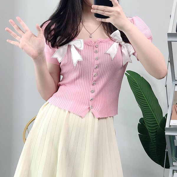 

women's knits & tees solid color diamond bowknot cardigan sweater button sweet short sleeve knit thin slim summer jk outfit, White
