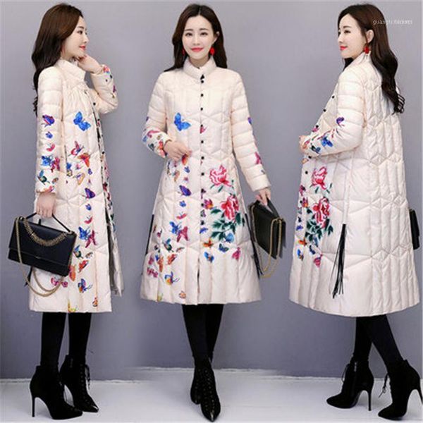 

women's down & parkas ethnic style printed cotton jacket women 2021 winter slim fashion retro loose thick female parka m3221, Black