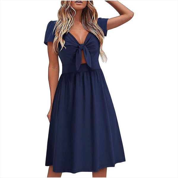 

summer seaside sling sleeveless womens dresses v neck solid color casual bow mid calf dress daily, Black;gray