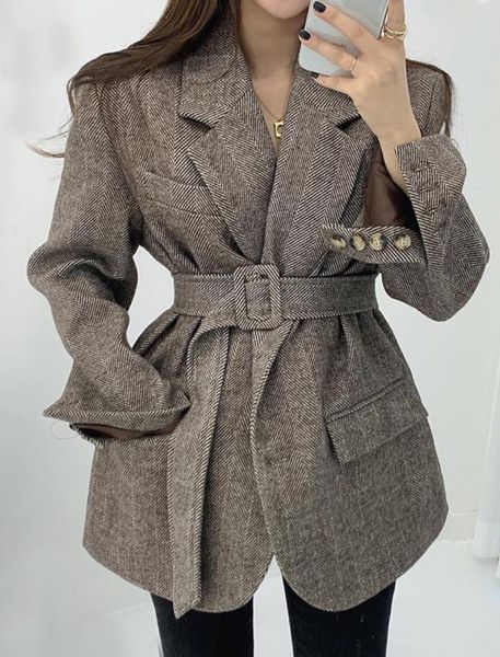 

women's wool & blends women autumn winter coats with belt casual turn down collar long sleeve pocket outerwear female elegant office co, Black