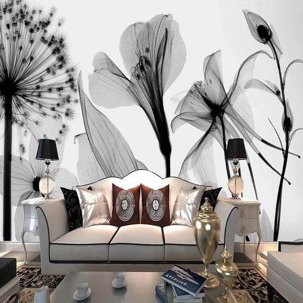 Mão moderna pintada preto branco dandelion flor papel de parede 3d arte abstrata pintura sala de estar à prova d'água