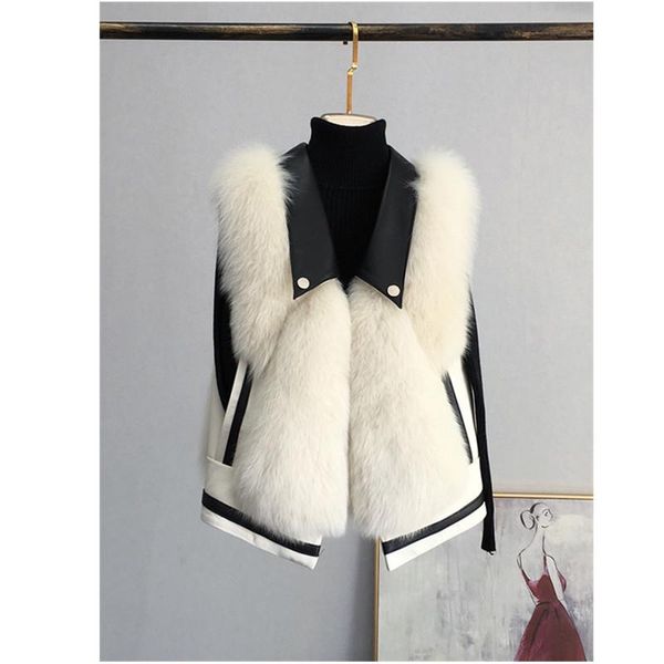 

women's fur & faux 2021 design turn down collar pu leather patchwork sleeveless short vest coat warm thickening casacos plus s, Black