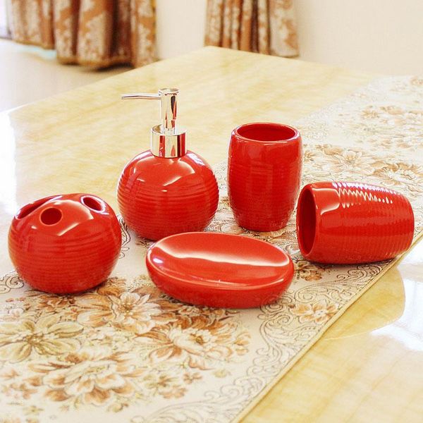 

bath accessory set wedding gift simple european ceramic bathroom five-piece toiletries red brushing mug