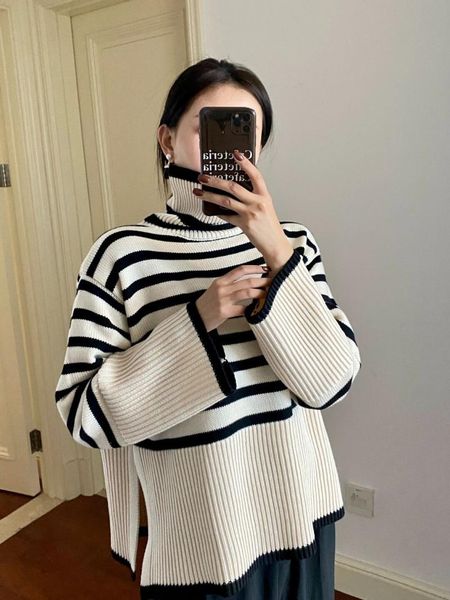 

women's sweaters high neck striped pullover sweater for women 2021 autumn winter knitted top, White;black