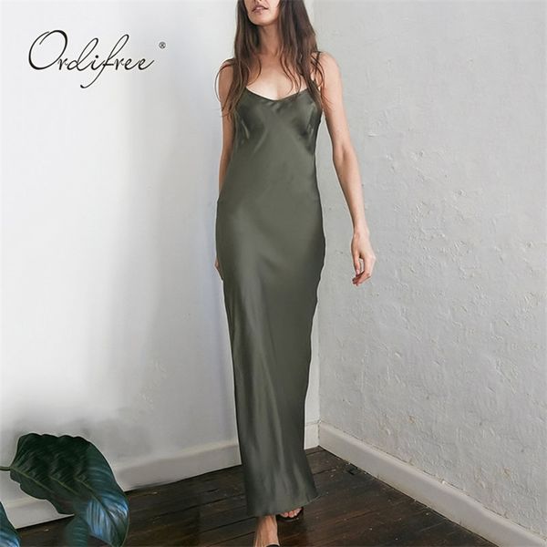

summer women long satin slip dress spaghetti strap vintage silk shiny maxi night party 210513, Black;gray