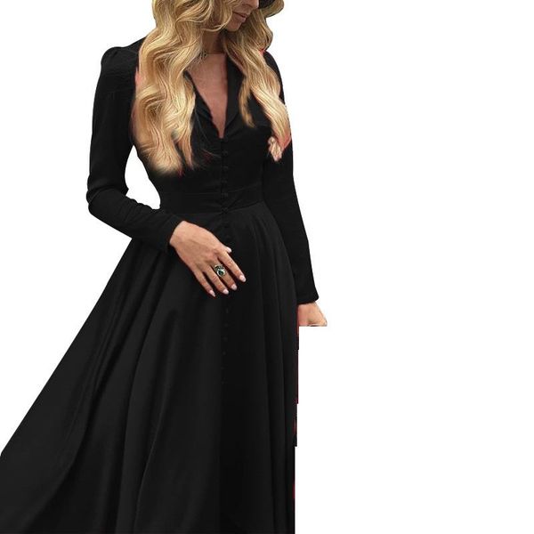 

casual dresses party midi dress 2021 sukienka women split button down long sleeve v neck high waist asymmetrical swing, Black;gray