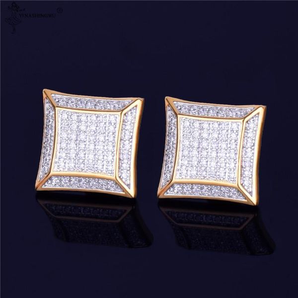

big square men stud earring gold color full cubic zircon screw back earrings hip hop punk jewelry for women accessories, Golden;silver