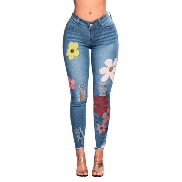 

women's jeans jaycosin vrouwen polyester mode wilde print gat slanke lange broek casual, Blue