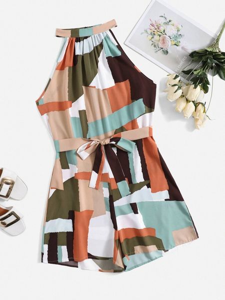 

plus colorblock geo print belted halter romper z2aq#, Black