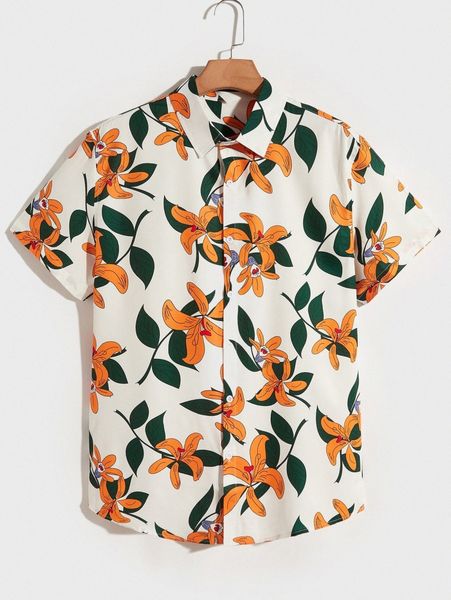 

romwe guys floral print button front shirt r7zf#, White;black