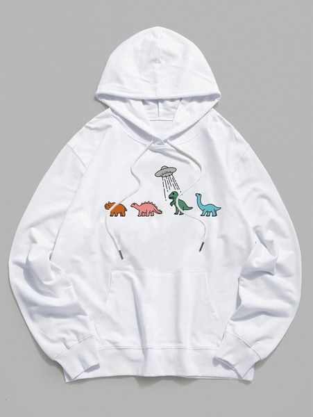 

romwe guys dinosaur print drawstring hoodie 78id#, Black