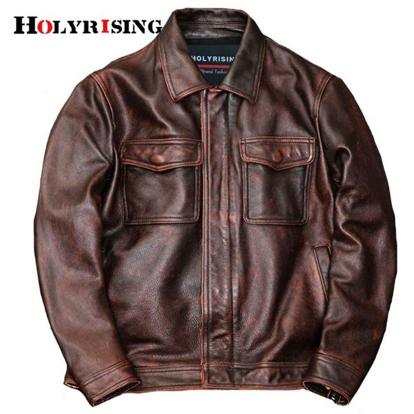 

men's leather & faux holyrising men genuine jacket zipper moto biker slimfit bomber coat designer pockets vintage clothing 19267-5, Black