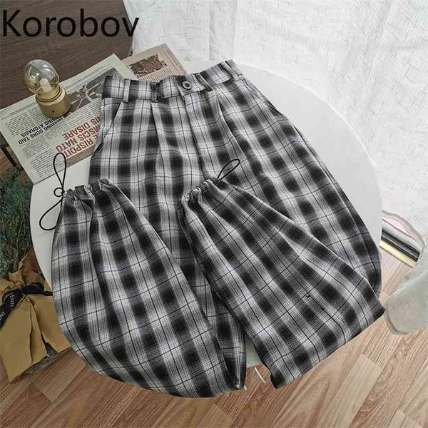 

korobov vintage high waist women plaid pants summer new chic loose casual trousers preppy style harem pants joggers 210430, Black;white