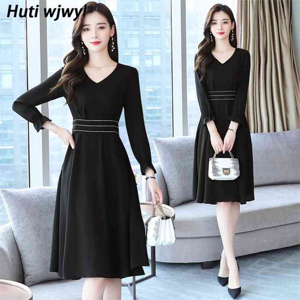 

autumn korean black plus size party midi dresses fashion vintage solid chiffon beach dress women elegant bodycon vestidos 210528, Black;gray
