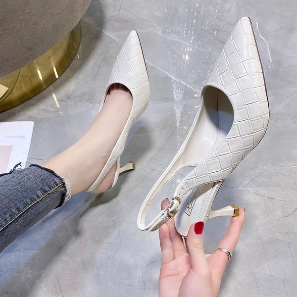 

buckle female sandal cat heels shoes closed toe 2021 summer girls strap beige pointed high stiletto party retro fashion sandals, Black