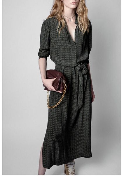 

casual dresses 2021 autumn lace-up dress irregular hem lace trimming 100% viscose green, Black;gray