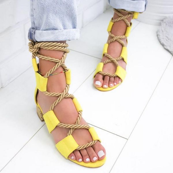 

women pumps fashion heels lace up high sandals for summer shoes thick chaussures femme square heels knot rope, Black