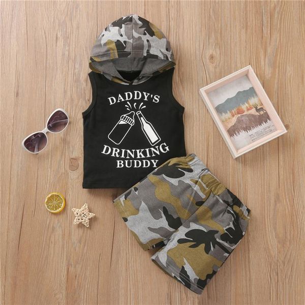 

kids baby boys 2-piece outfit set sleeveless hooded letter print +camouflage shorts sets clothes clothing, White