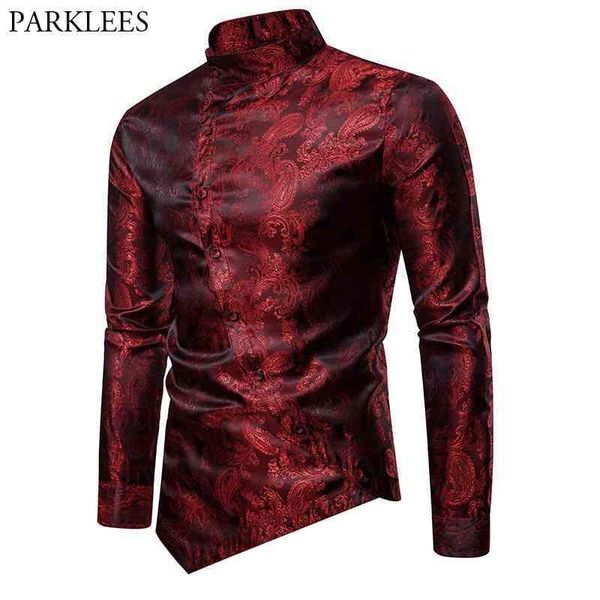 Weinrotes Paisley-Jacquard-Smokinghemd für Männer, stilvolles, unregelmäßiges Saumdesign, Slim Fit-Kleiderhemden für Herren, Hochzeit, Party, Chemise Homme 210522