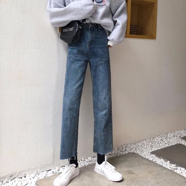 

women's jeans woman pants spring and autumn high waist loose hem straight ankle-length pantalones vaqueros mujer, Blue