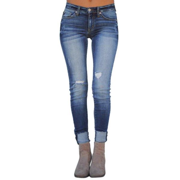 

women's jeans women casual stretch ripped hole washed skinny ladies denim pencil pants slim feet leggings trousers navy blue