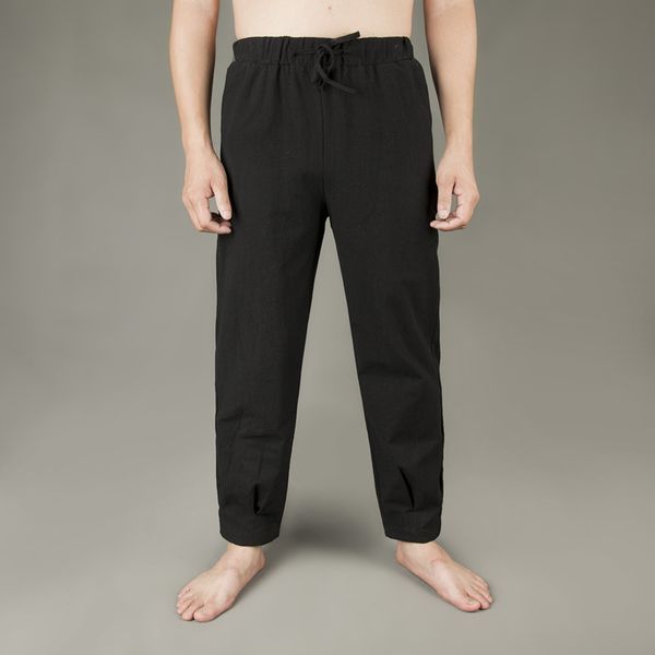 

casual harem men pants male solid elastic waist straight loose pants linen cotton breathable casual sports trousers men clothing, Black