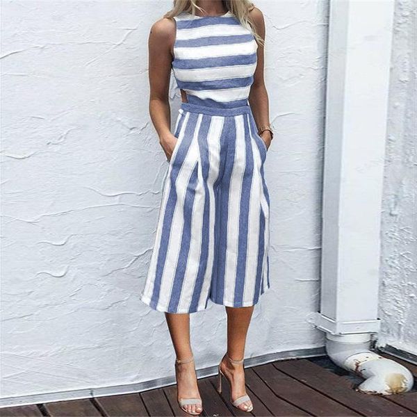

women's jumpsuits & rompers 2021 sleeveless printed striped jumpsuit casual loose trousers fashionable leotard bodysuit combinaison wid, Black;white